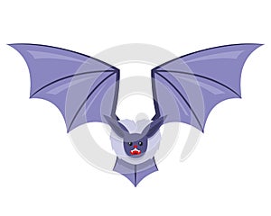Bat with fangs flies on a white background.