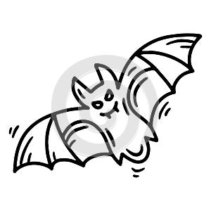 Bat with fangs Halloween linear vector icon in doodle style