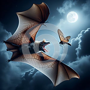 Bat flies through moonlight night sky hunting moths