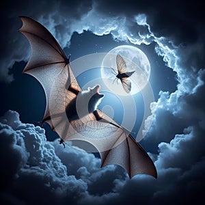 Bat flies through moonlight night sky hunting moths