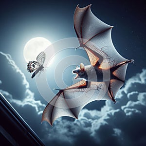 Bat flies through moonlight night sky hunting moths