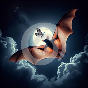 Bat flies through moonlight night sky hunting moths