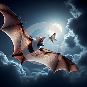 Bat flies through moonlight night sky hunting moths