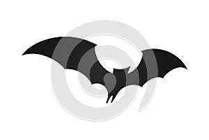 Bat in flight, wide wings, black silhouette of bat on white background, vector illustration. Halloween and vampire