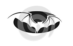 Bat in flight, wide wings, negative space silhouette of bat on black oval background, vector illustration. Halloween and