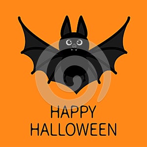 Bat flying. Happy Halloween. Cute cartoon character with big open wing, ears and legs. Black silhouette. Forest animal