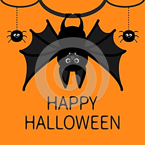 Bat hanging. Spider dash line web. Happy Halloween card. Cute cartoon character with big wing, ears and legs. Black