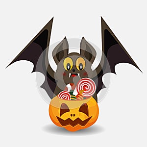 The bat looks at the sweets. Halloween candy. Vector illustration for the holiday Halloween. Carved pumpkin. Trick \'r Treat