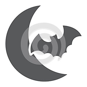 Bat and moon glyph icon, halloween and horror, night sign, vector graphics, a solid pattern on a white background.