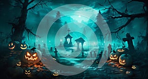 bat moon halloween dark cemetery pumpkin grave horror night holiday. Generative AI.