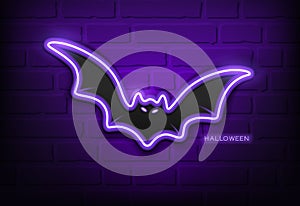 Bat neon light purple, happy halloween concept design,on block wall black background