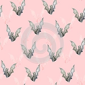 Bat on pink halloween watercolor seamless pattern
