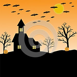 bat, pumpkin, house, moon and tree for halloween concept