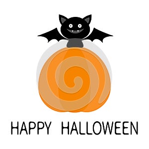 Bat sitting on big pumpkin. Happy Halloween. Cute cartoon kawaii baby character with open wings, ears. Black silhouette. Forest