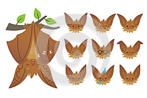 Bat sleeping, hanging upside down on branch. Animal emoticon set. Illustration of bat-eared brown creature with closed