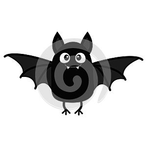 Bat vampire. Happy Halloween. Cute cartoon baby character with big open wing, ears, legs. Black silhouette. Forest animal. Flat de