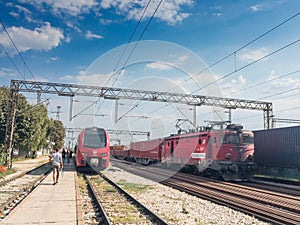 BATAJNICA, SERBIA - SEPTEMBER 12, 2020: Stadler Flirt EMU on a Regional Train passing by Batajnica train station between Belgrade