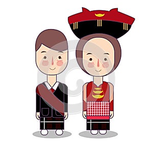 Batak couple traditional national clothes of Indonesia. Set of cartoon characters in traditional costume. Cute people