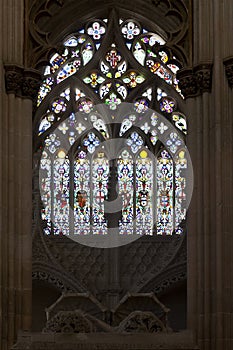 Batalha Monastery. Gothic Stained Glass window in Capela do Fundador photo