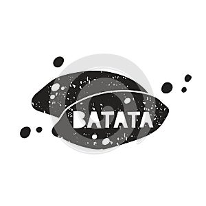 Batata grunge sticker. Black texture silhouette with lettering inside. Imitation of stamp, print with scuffs