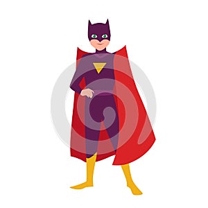 Batboy. Teenage kid in bat costume standing in heroic pose. Fantastic child hero with super power. Teen superhero