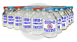 Batch of 2 doses vaccine in vials, blue & red caps. 