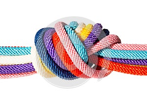 Batch of colored cords knotted together isolated