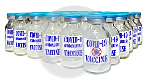 Batch of Covid-19, coronavirus vaccine vials. Isolated.