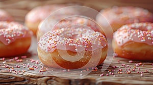 A batch of donuts with pink frosting and sprinkles on a wooden table