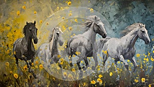 Batch of horses running in flowered scene