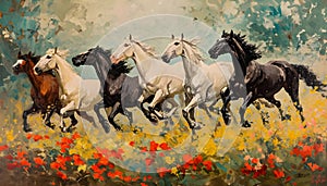 Batch of horses running in flowered scene