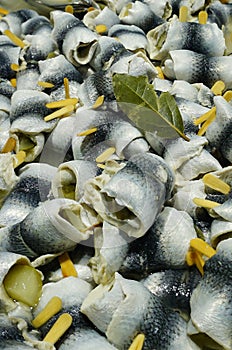 Batch of Pickled Herring Rollmops on Display