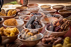 Batches of Peruvian spices and corn