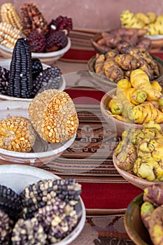 Batches of Peruvian spices and corn