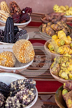 Batches of Peruvian spices and corn photo