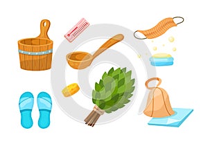 Bath accessories cartoon set. Sauna barrel, ladle, slippers, broom, washcloth, thermometer, soap, hat for bathroom. Accessories