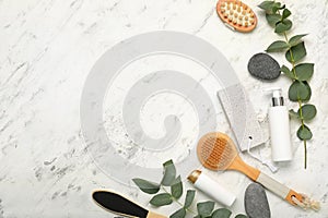 Cosmetics and accessories for bath on light background