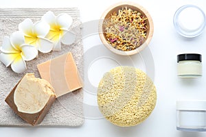 Bath accessories. Flat lay composition with personal care products on white background