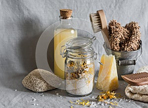 Bath accessories - homemade sea salt with calendula, natural shampoo, brush, washcloth, pumice, homemade oat soap. Health, beauty