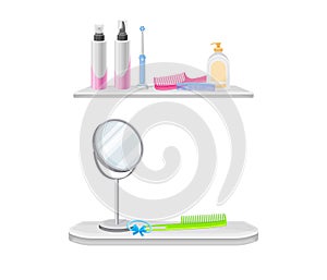 Bath accessories set. Shelves with cosmetic bottles, mirror, comb vector illustration