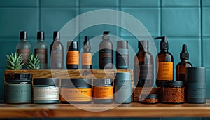 Bath and beauty products on a wooden shelf with a blue tile background