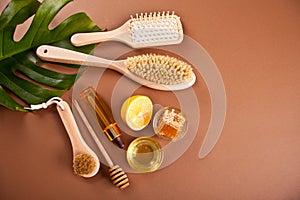 bath and beauty spa personal hugiene accessories on the brown background