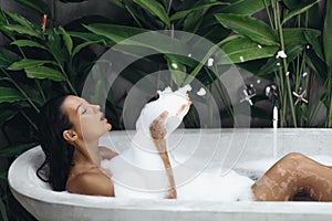 Bath and Body Care Day of Spa Woman in Bathtub, Tropical Bathroom Interior