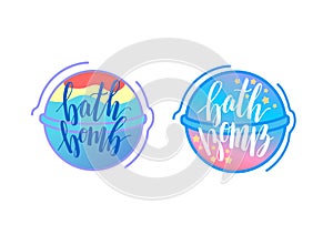 Bath bomb illustration with lettering text. Home spa icon relaxation cosmetics.