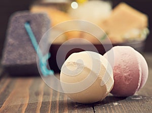 Bath bombs closeup with spa products on background