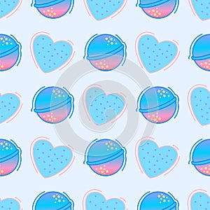 Bath bombs seamless pattern. Home spa relaxation cosmetics for taking a bath. Design for textile