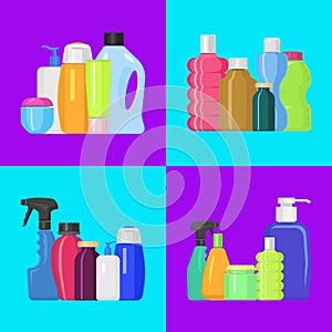 Bath bottles banner vector illustration. Plastic containers bottles, tubes and jars for cream, body lotion, shampoo and