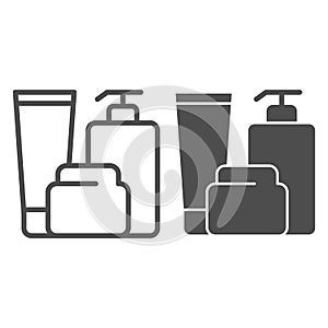 Bath bottles line and glyph icon. Lotion, cream and gel vector illustration isolated on white. After shower care outline