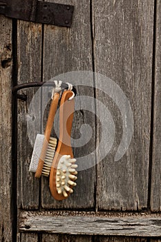 Bath brush on a gray wooden background. Spa pampering in the sauna or bath. Dry body massage