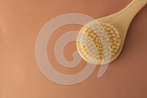 Bath brush made of bamboo isolated over brownm warm background, copy space. Zero waste product. No plastic concept.